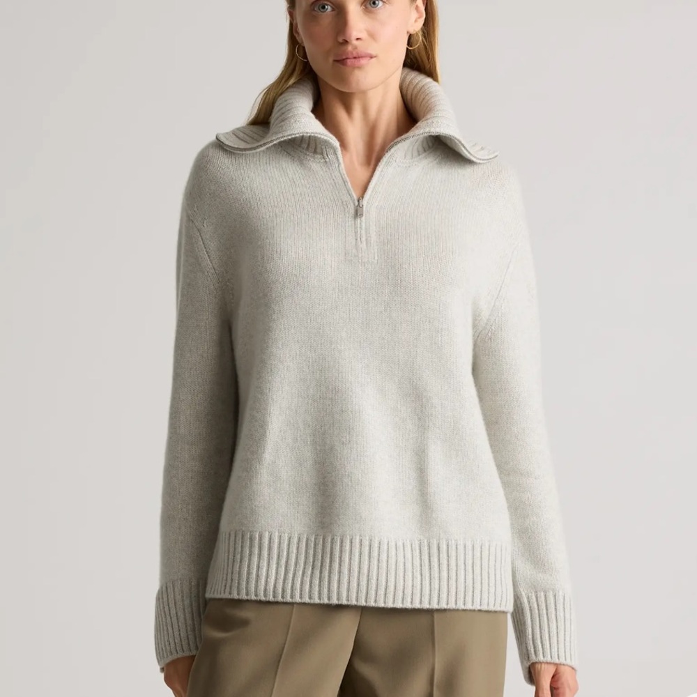 Quince Luxe Baby Cashmere Quarter-Zip Sweater — Light Gray
